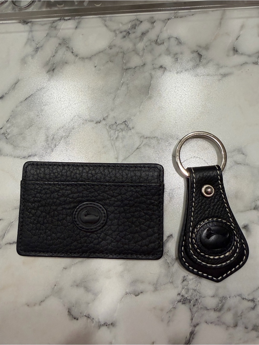Dooney & Bourke Black Pebbled Leather Card Holder with Matching Key Fob